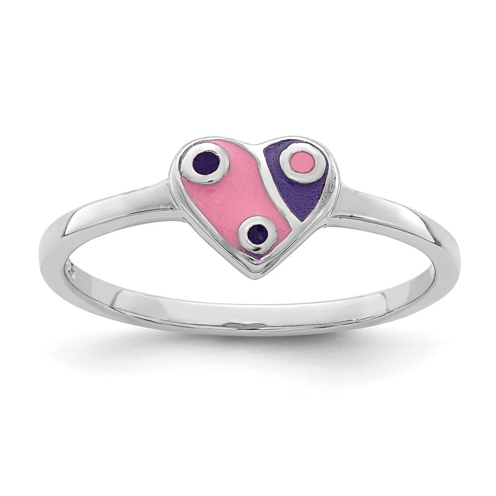 Sterling Silver RH-plated Pink & Purple Enameled Heart Children's Ring (0.96 grams)