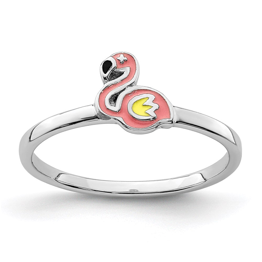 Sterling Silver RH-plated Multi-color Enameled Flamingo Children's Ring (0.89 grams)