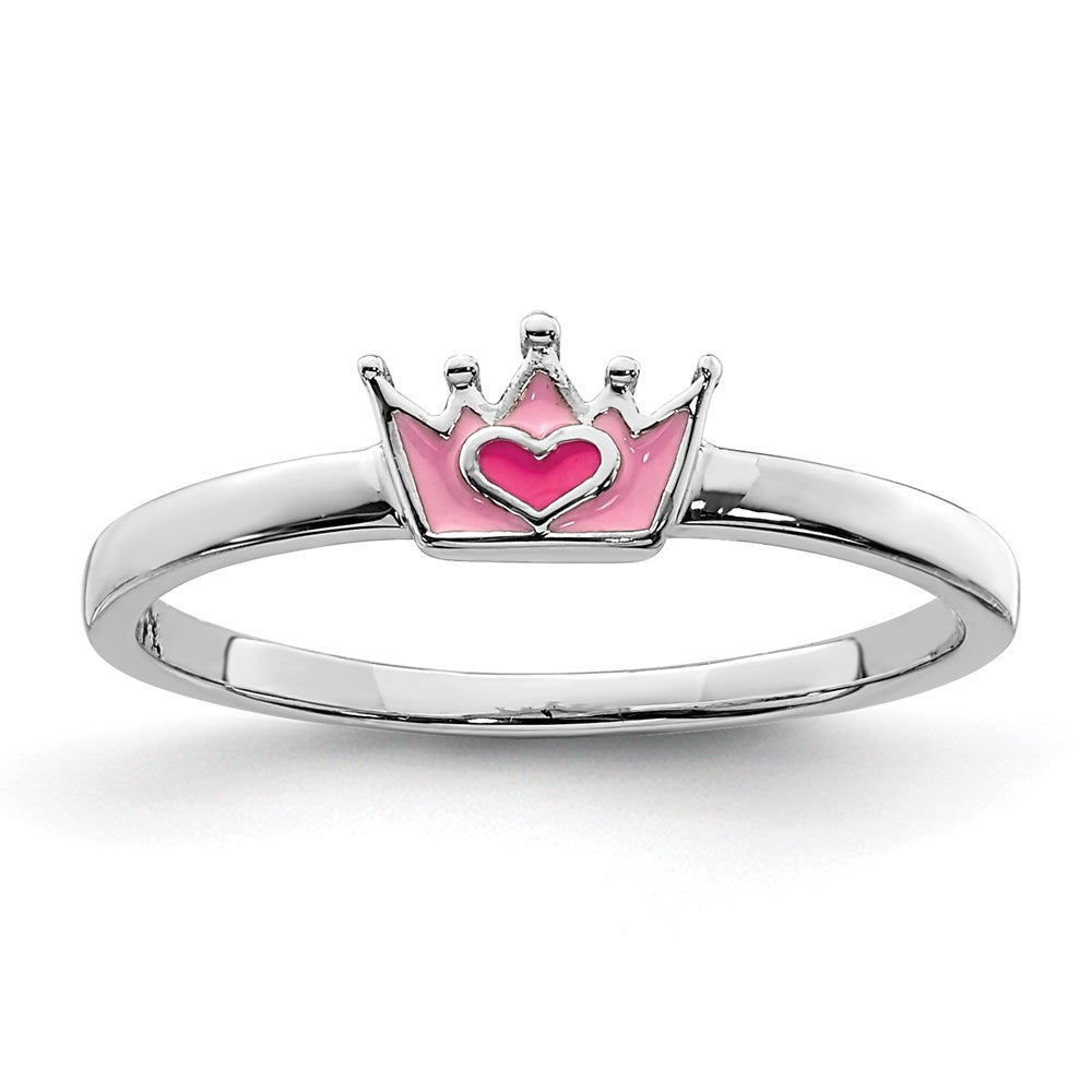 Sterling Silver Rhodium-plated Polished Pink Enamel Crown Children's Ring (0.88 grams)