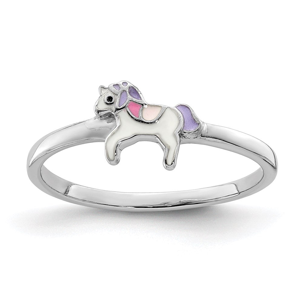 Sterling Silver RH-plated Multi-color Enameled Unicorn Children's Ring (0.85 grams)