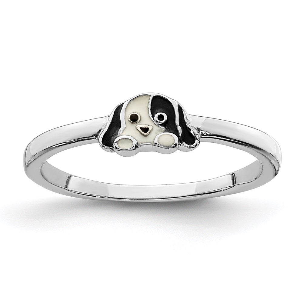 Sterling Silver RH-plated Black & White Enameled Puppy Children's Ring (0.98 grams)