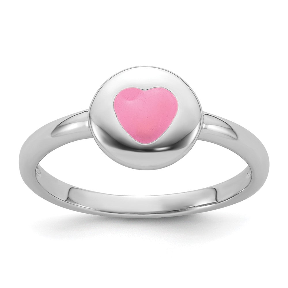 Sterling Silver Rhodium-plated Polished Pink Enamel Heart Children's Ring (1.29 grams)