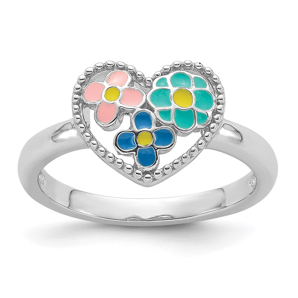 Sterling Silver RH-plated Beaded & Enameled Floral Heart Children's Ring (1.69 grams)