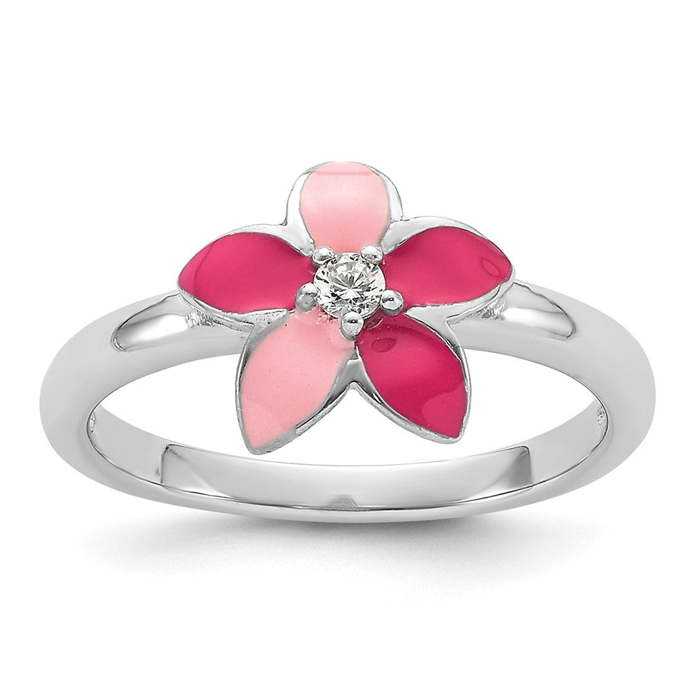 Sterling Silver RH-plated Pink Enameled & CZ Flower Children's Ring (1.68 grams)