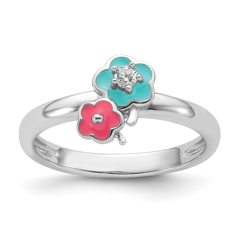 Sterling Silver RH-plated Blue/Pink Enameled & CZ Floral Children's Ring (1.48 grams)