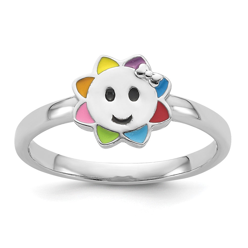 Sterling Silver RH-plated Multi-color Enameled Smiling Sun Children's Ring (1.23 grams)