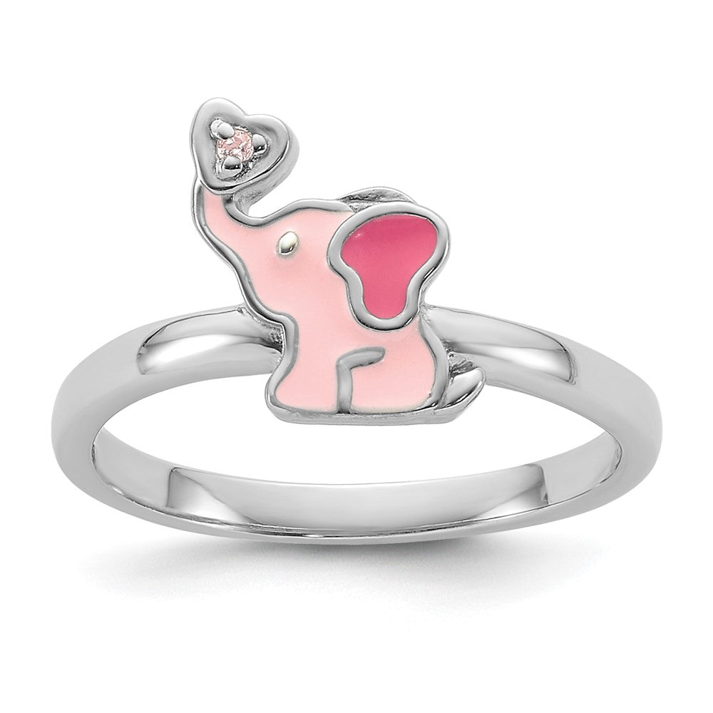 Sterling Silver Rhodium-plated Pink Enamel & CZ Elephant Children's Ring (1.39 grams)