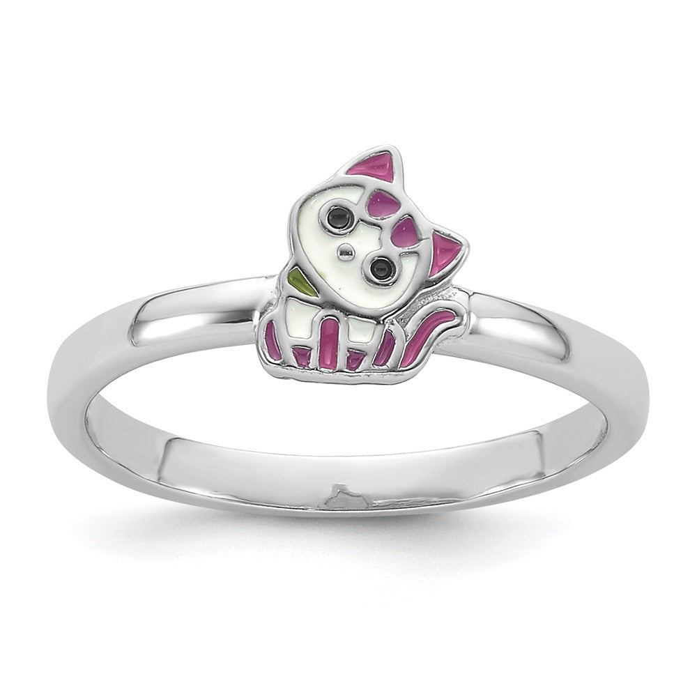 Sterling Silver Rhodium-plated Multi-color Enameled Cat Children's Ring (1.14 grams)