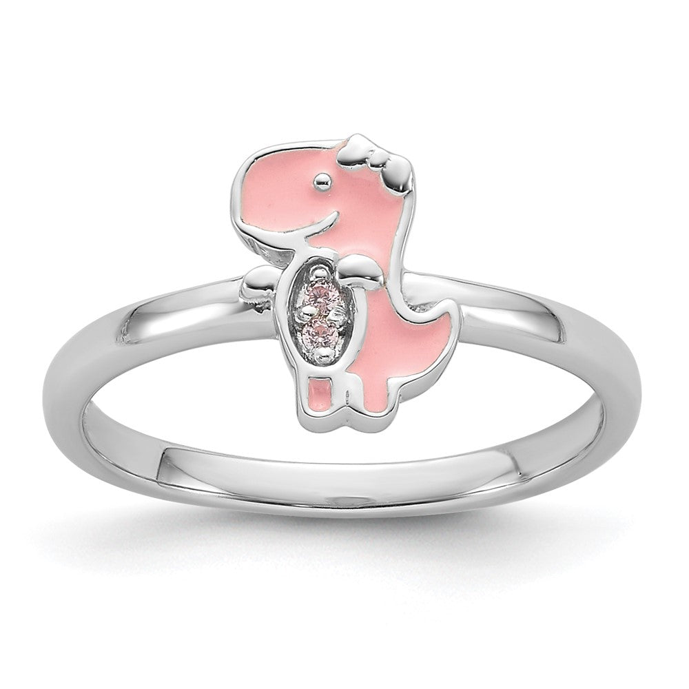 Sterling Silver Rhodium-plated Pink Enamel & CZ Dinosaur Children's Ring (1.22 grams)