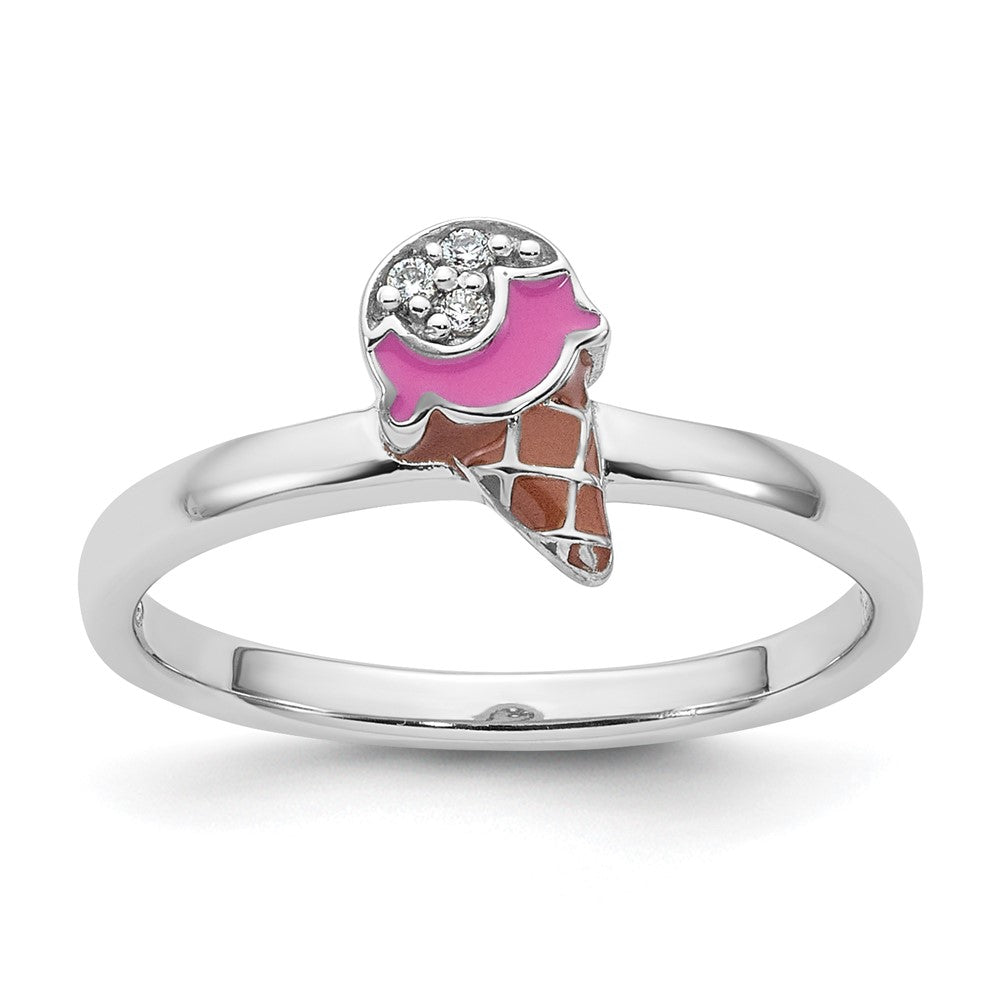 Sterling Silver Rhodium-plated Children's Enamel CZ Ice Cream Ring (1.15 grams)