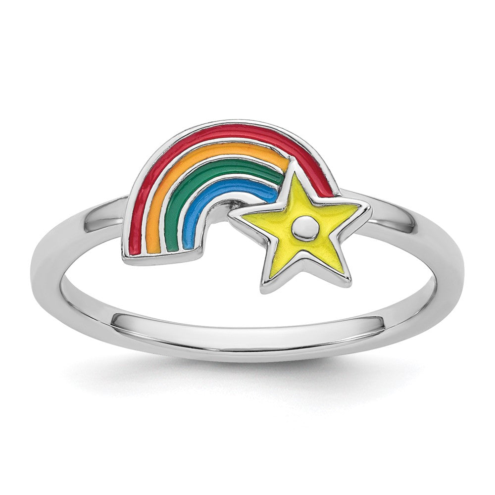 Sterling Silver Rhodium-plated Children's Enameled Rainbow with Star Ring (1.28 grams)