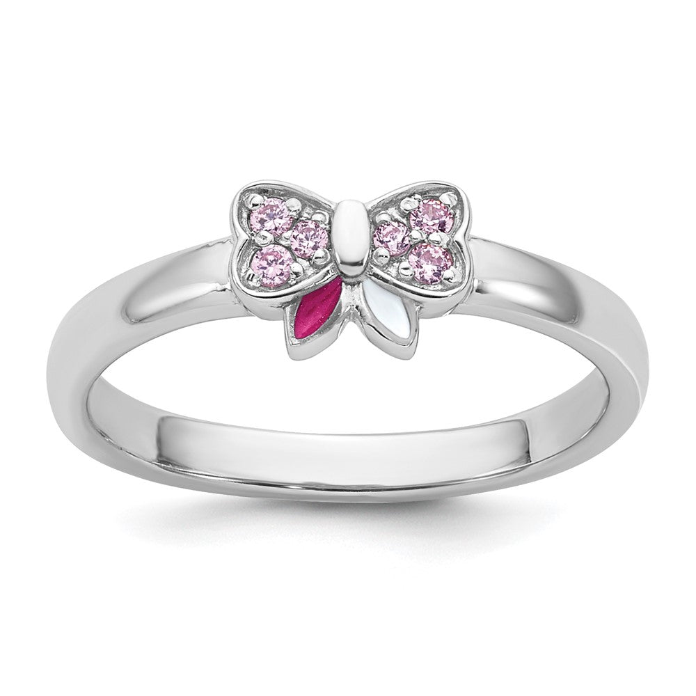 Sterling Silver Rhodium-plated Children's CZ Enamel Bow Ring (1.32 grams)