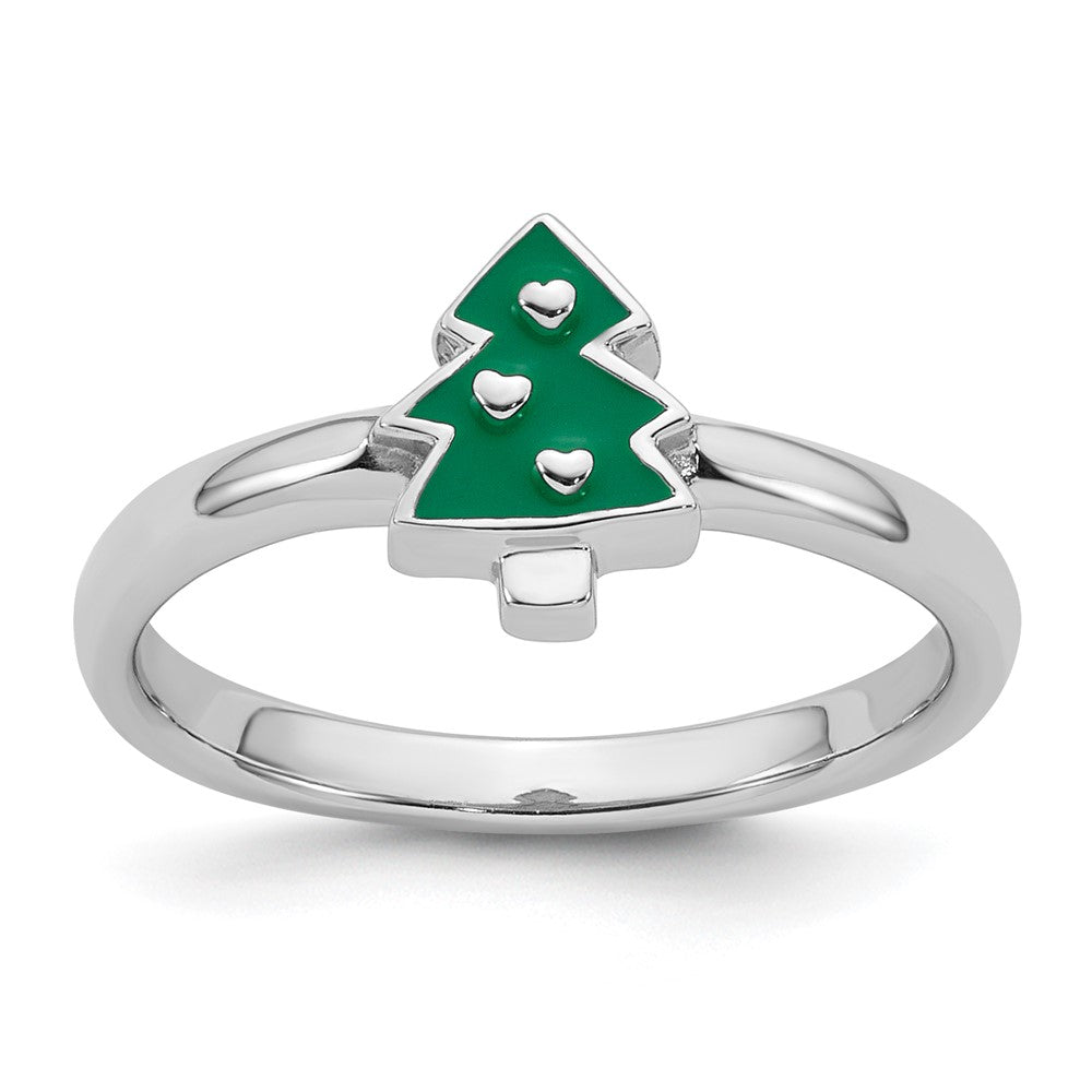 Sterling Silver Rhodium-plated Children's Enamel Christmas Tree Ring (1.56 grams)