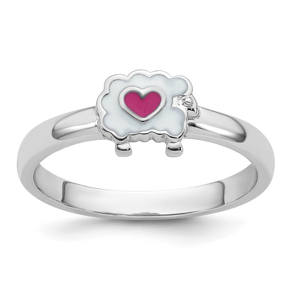 Sterling Silver Rhodium-plated Children's Enamel Sheep w/ Heart Ring (1.25 grams)