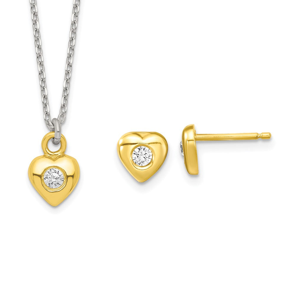 SS & Gold-tone CZ Heart Children's 14in Necklace & Post Earrings Set (2.66 grams)