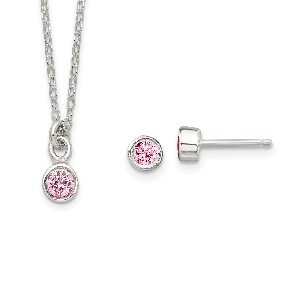 Sterling Silver Pink Bezel CZ Children's Necklace and Stud Earrings Set (1.9 grams)