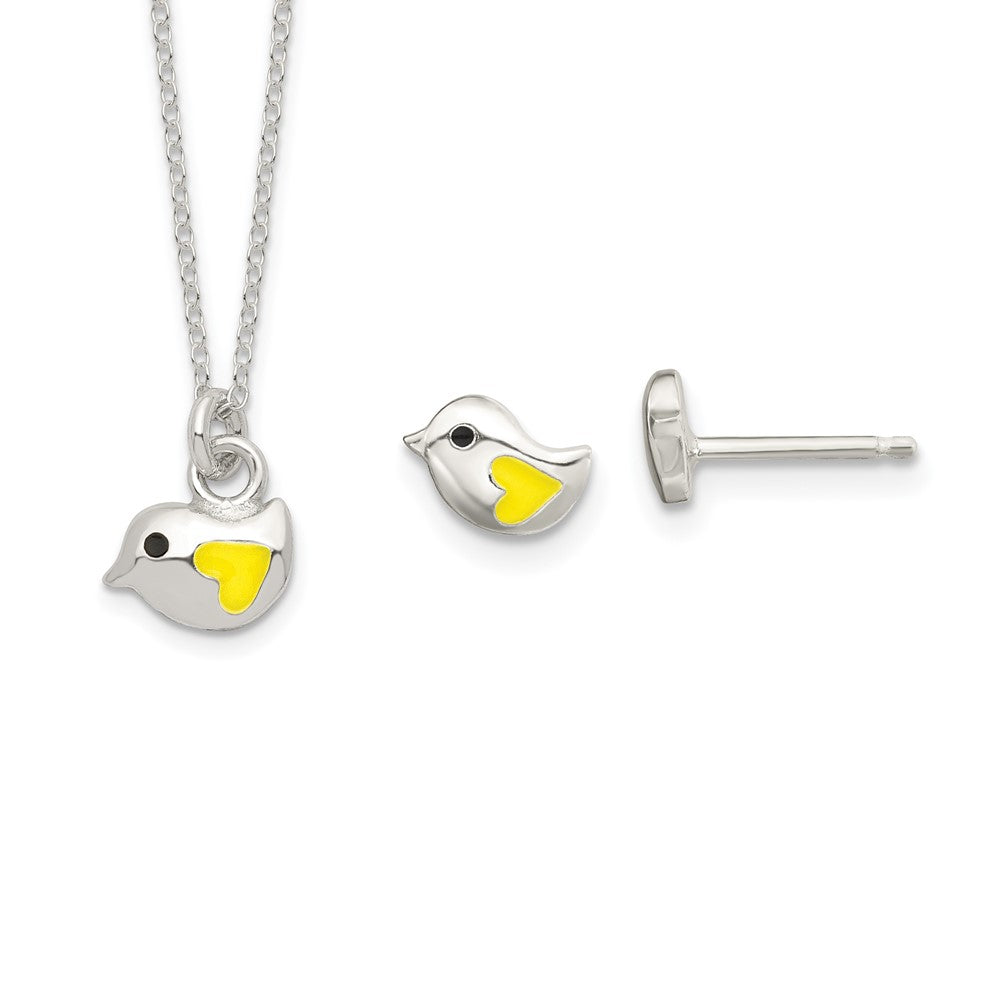 Sterling Silver Yellow Enamel Bird Children's Necklace & Post Earrings Set (1.86 grams)