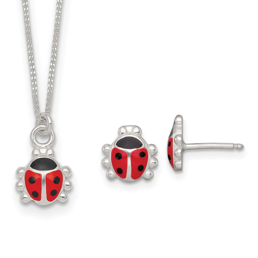 Sterling Silver Enameled Lady Bug Children's Earrings and Necklace Set (3.23 grams)