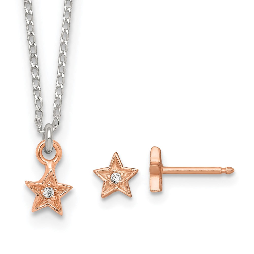 Sterling Silver Rose-tone CZ Star Children's Post Earring and Necklace Set (1.66 grams)