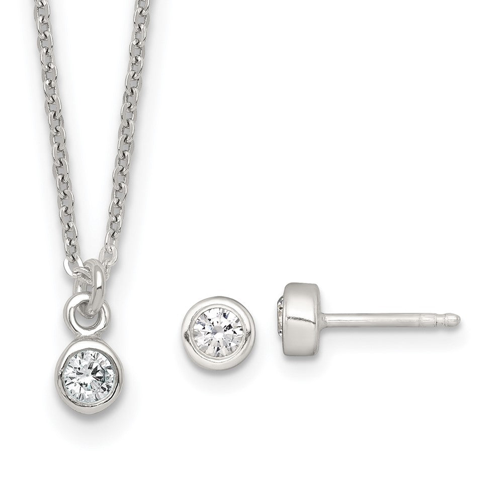 Sterling Silver CZ Kids Post Earring and Necklace Set (2.39 grams)