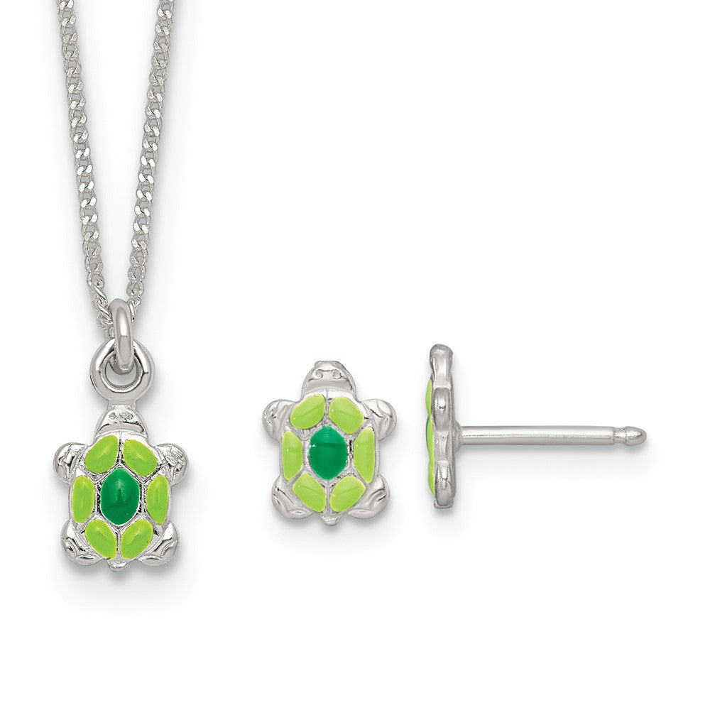 SS Polished Enameled Turtle Children's Post Earrings and Necklace Set (2.57 grams)