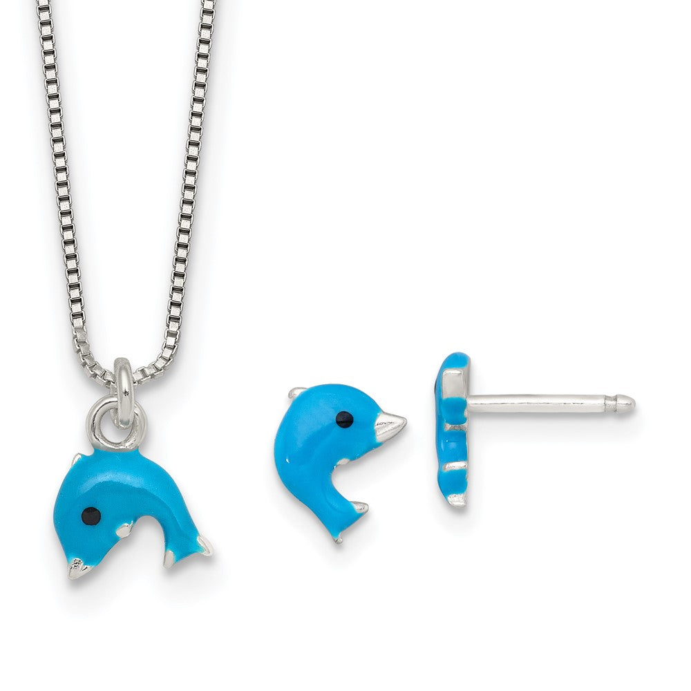 SS Polished Enameled Dolphin Children's Post Earrings and Necklace Set (2.36 grams)