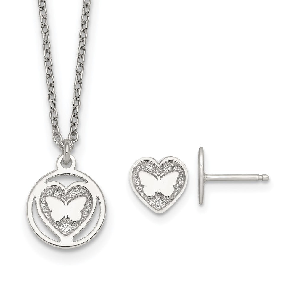 Sterling Silver Butterfly Heart Children's Post Earring and Necklace Set (2.73 grams)