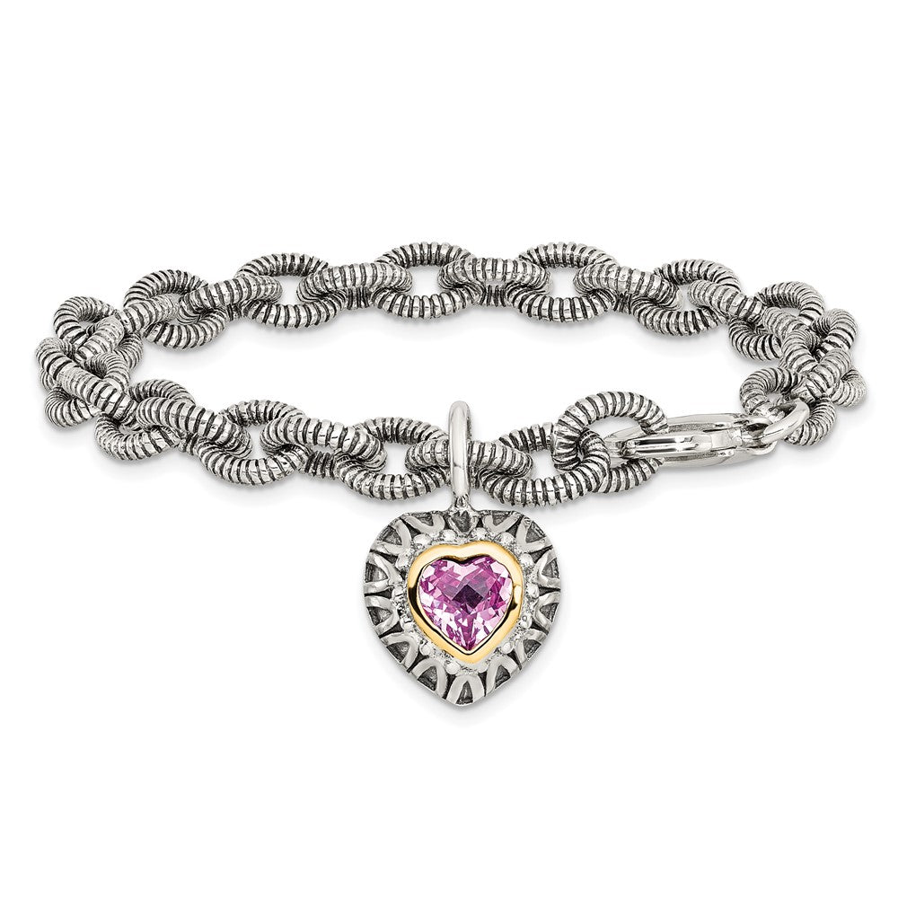 Shey Couture Sterling Silver with 14K Accent 7.5 Inch Antiqued Heart Bezel Created Pink Sapphire Heart Charm Bracelet (20.37 grams)