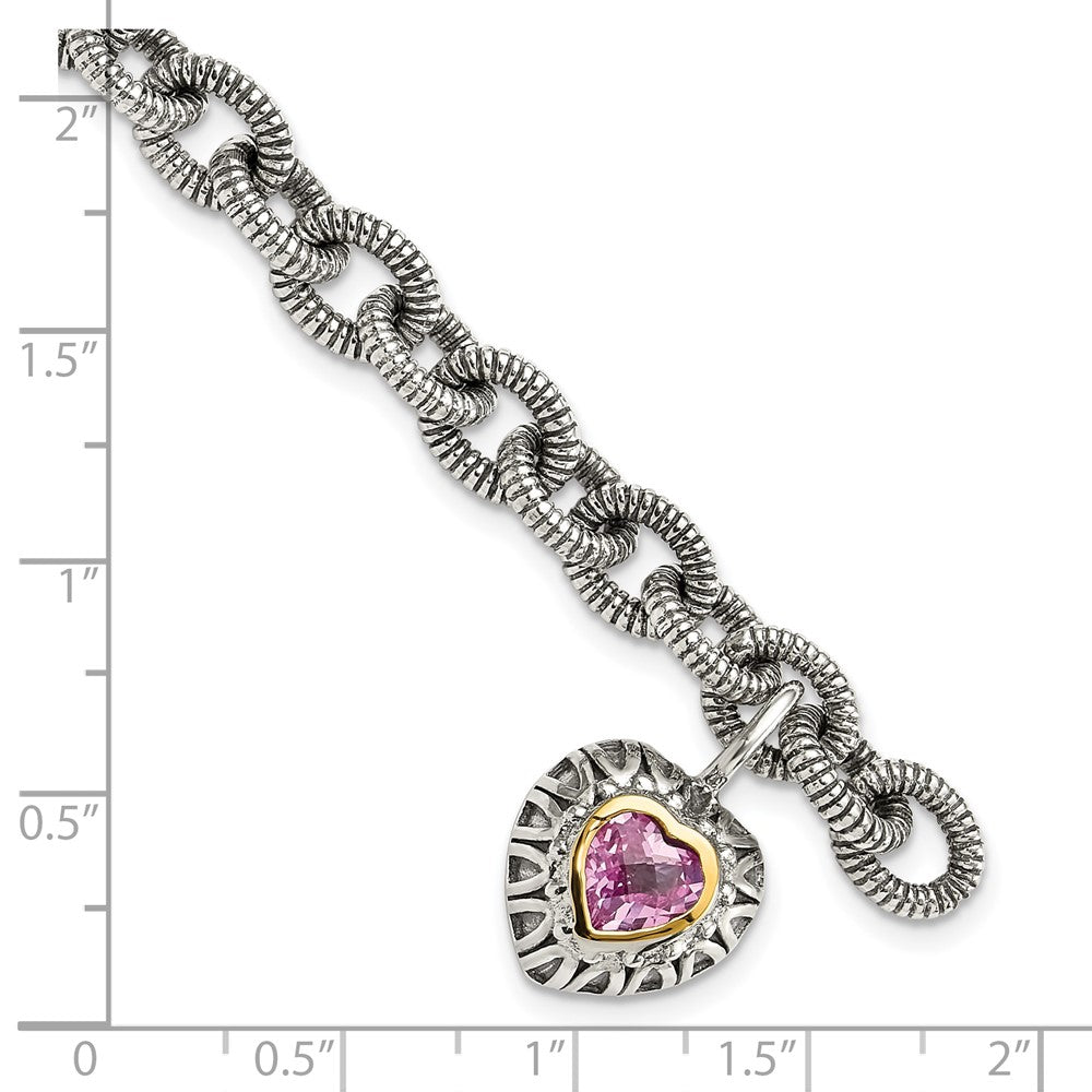 Shey Couture Sterling Silver with 14K Accent 7.5 Inch Antiqued Heart Bezel Created Pink Sapphire Heart Charm Bracelet (20.37 grams)