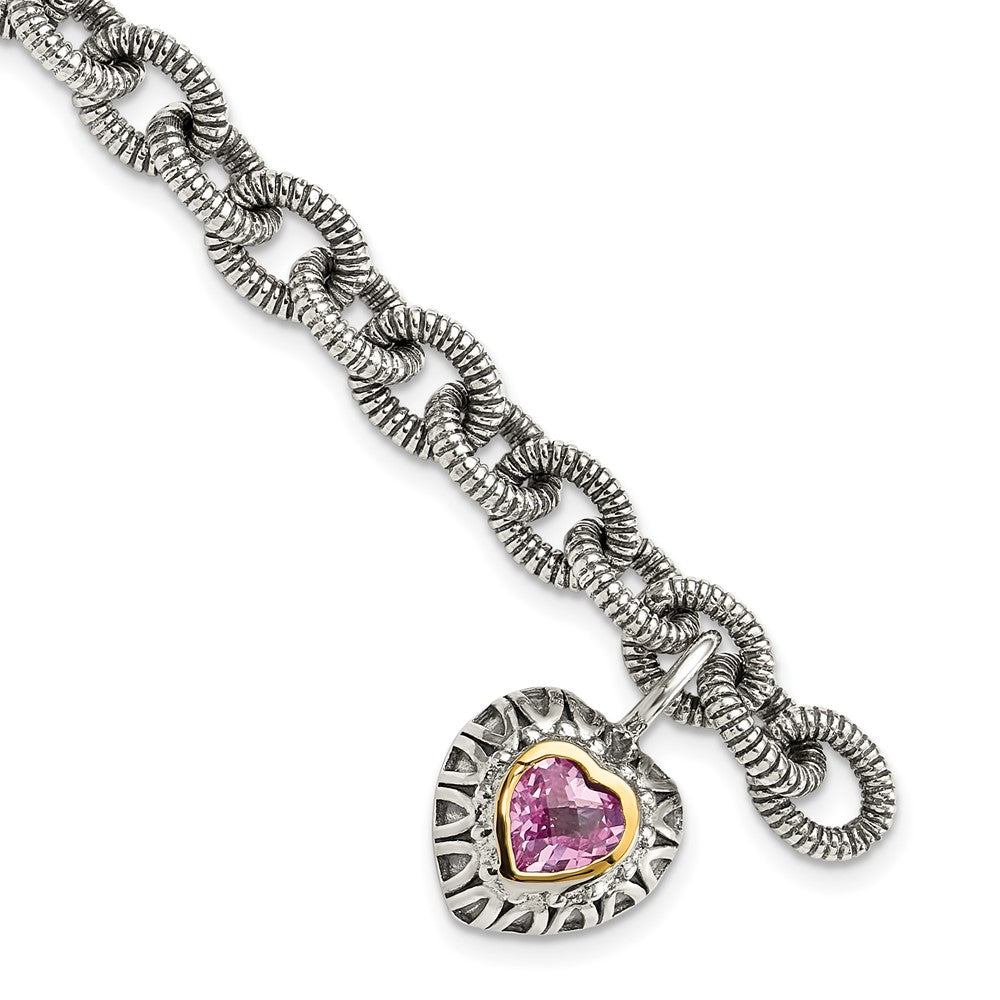 Shey Couture Sterling Silver with 14K Accent 7.5 Inch Antiqued Heart Bezel Created Pink Sapphire Heart Charm Bracelet (20.37 grams)