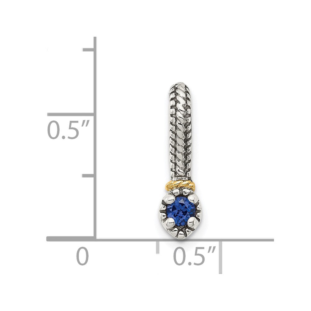 Sterling Silver Antiqued w/ 14k Created Sapphire Chain Slide Pendant (0.77 grams)