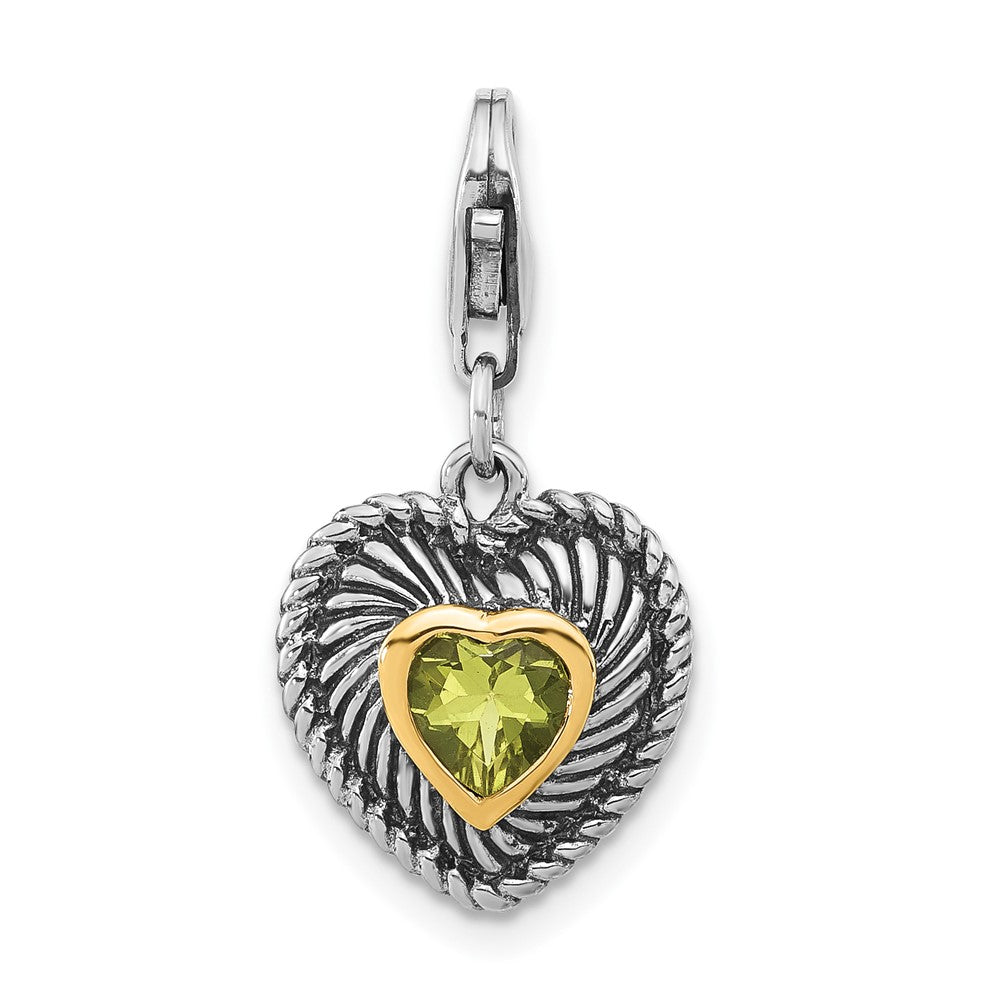 Sterling Silver w/14k Accent Antiqued Lemon Quartz Heart Charm (2.25 grams)