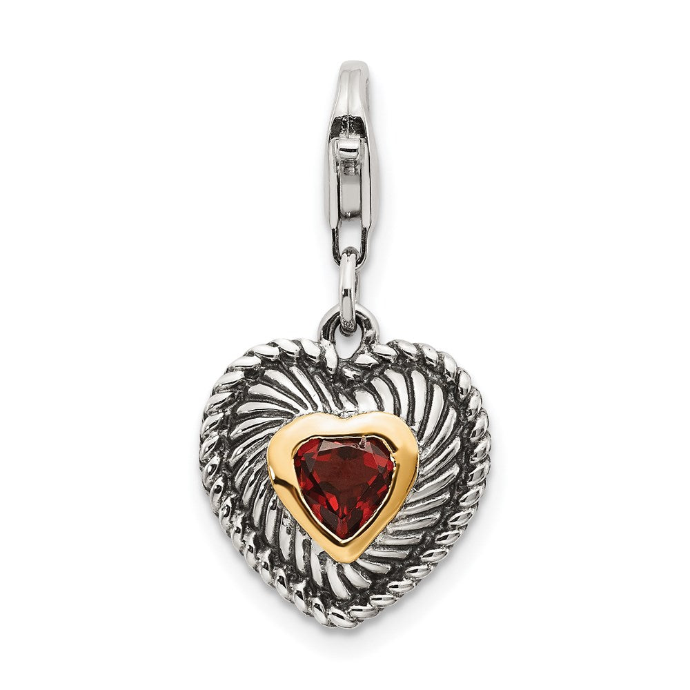 Sterling Silver w/14k Garnet Antiqued Charm (2.25 grams)