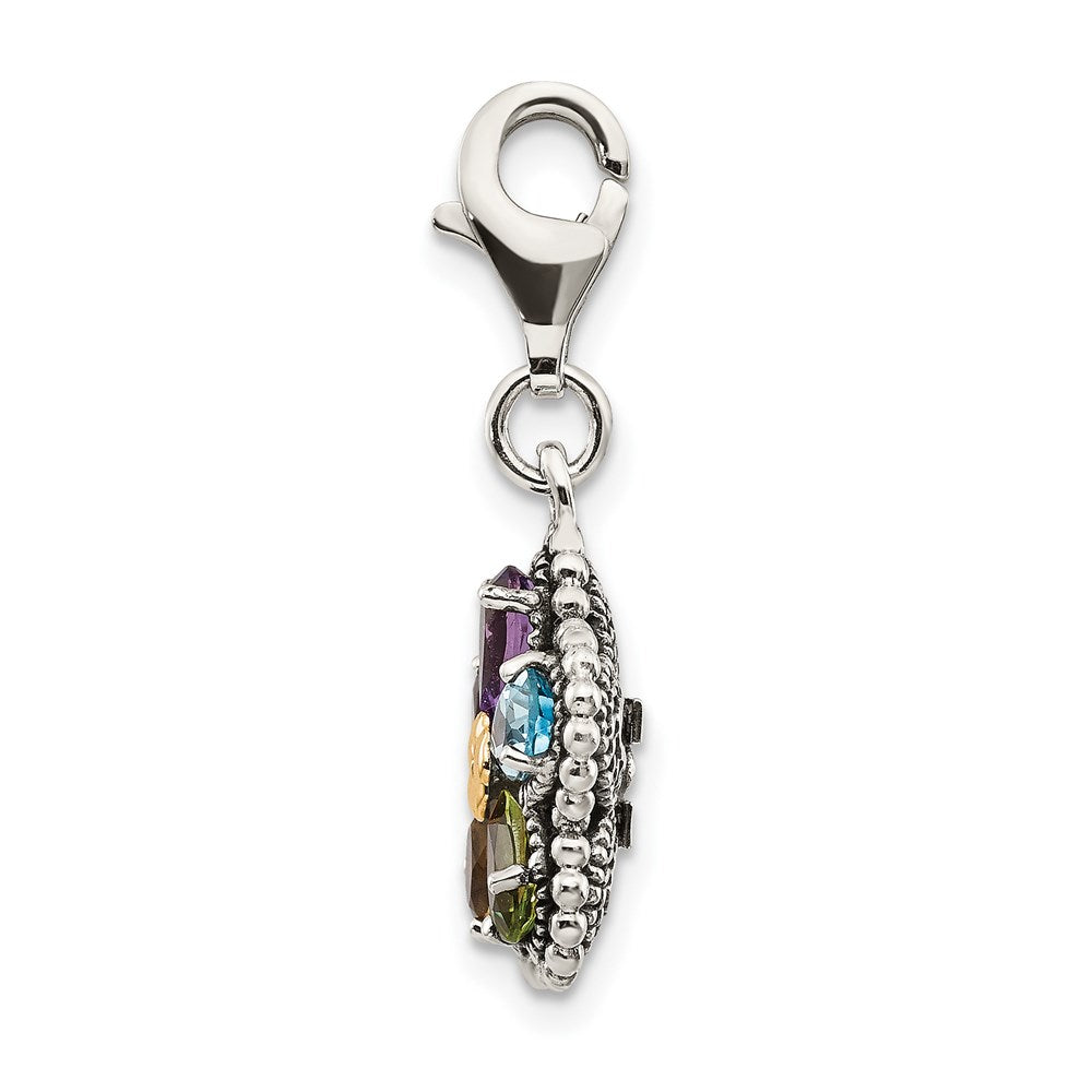 Sterling Silver w/14k Antiqued Multi Gemstone Flower w/Lobster Clasp Charm (2.39 grams)