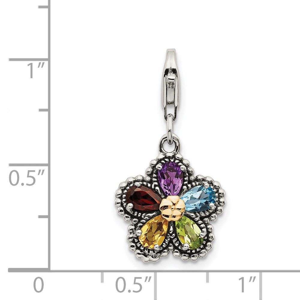 Sterling Silver w/14k Antiqued Multi Gemstone Flower w/Lobster Clasp Charm (2.39 grams)