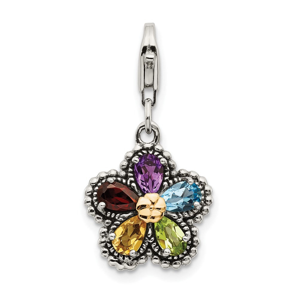 Sterling Silver w/14k Antiqued Multi Gemstone Flower w/Lobster Clasp Charm (2.39 grams)