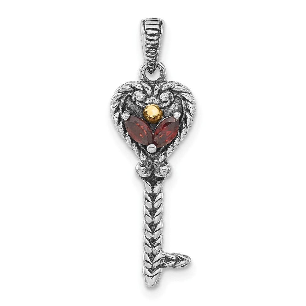 Sterling Silver w/14k Accent Antiqued Garnet Key Pendant (1.75 grams)