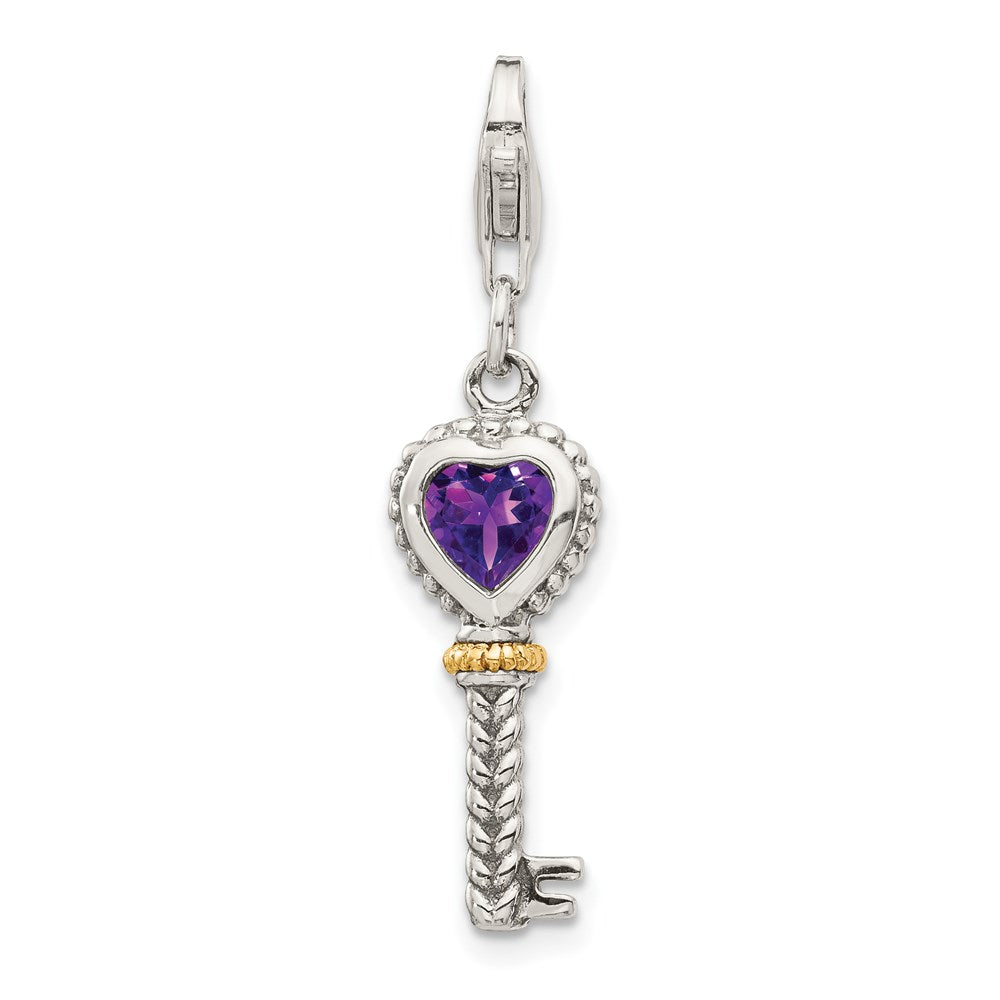 Sterling Silver w/14k Amethyst Antiqued Key w/Lobster Clasp Charm (1.6 grams)