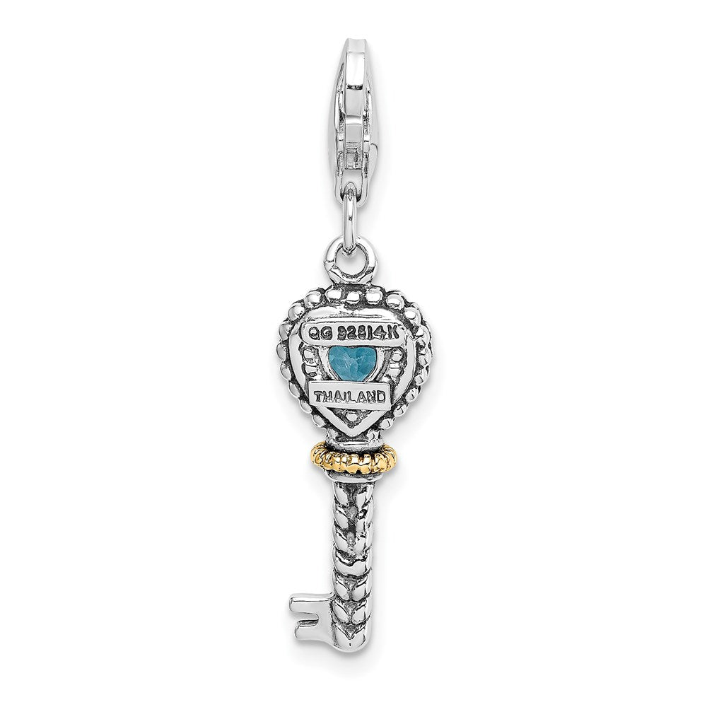 Sterling Silver w/14k Blue Topaz Antique Key w/Lobster Clasp Charm (1.6 grams)