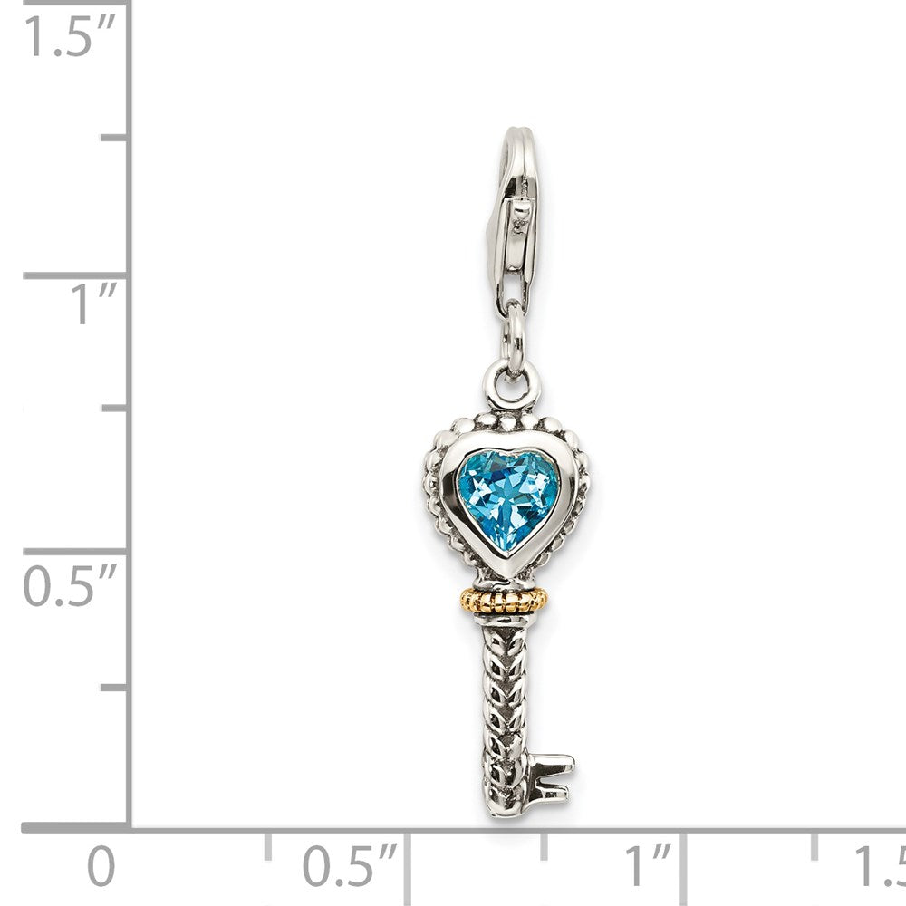 Sterling Silver w/14k Blue Topaz Antique Key w/Lobster Clasp Charm (1.6 grams)