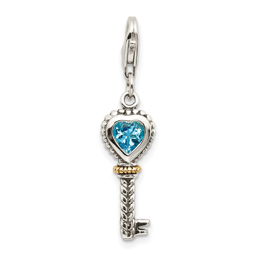 Sterling Silver w/14k Blue Topaz Antique Key w/Lobster Clasp Charm (1.6 grams)