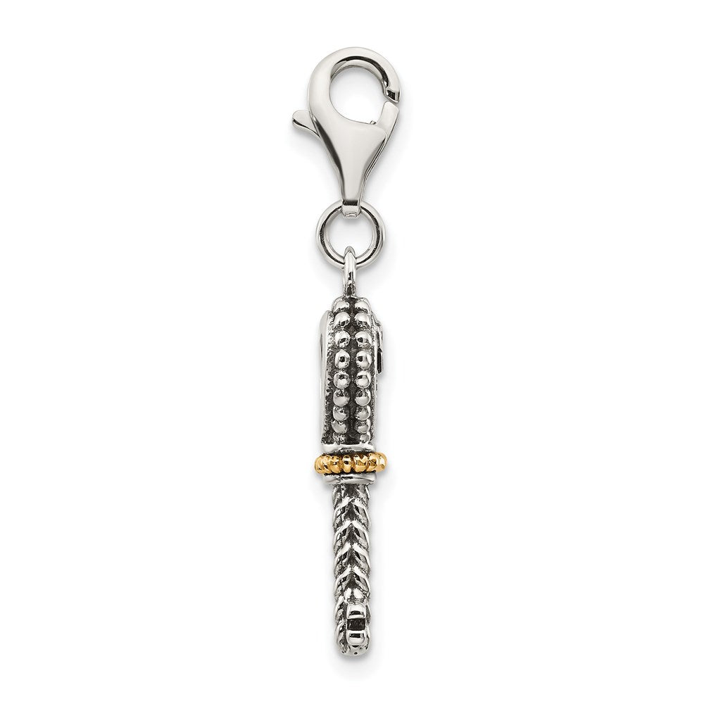 Sterling Silver w/14k Citrine Antiqued Key w/Lobster Clasp Charm (1.6 grams)