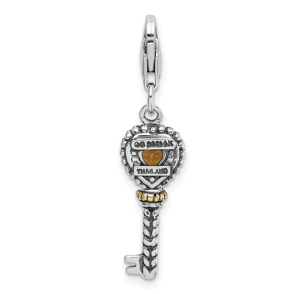 Sterling Silver w/14k Citrine Antiqued Key w/Lobster Clasp Charm (1.6 grams)