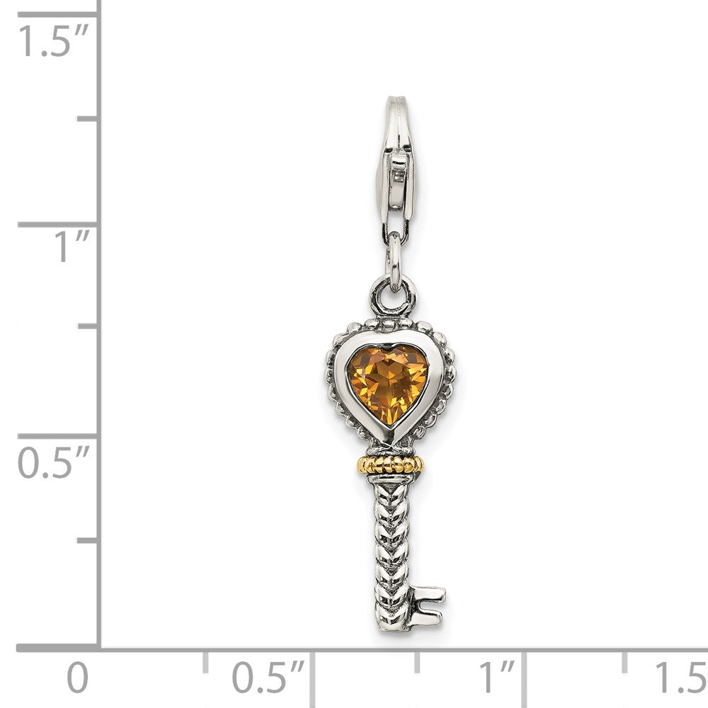 Sterling Silver w/14k Citrine Antiqued Key w/Lobster Clasp Charm (1.6 grams)