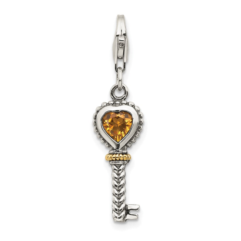 Sterling Silver w/14k Citrine Antiqued Key w/Lobster Clasp Charm (1.6 grams)