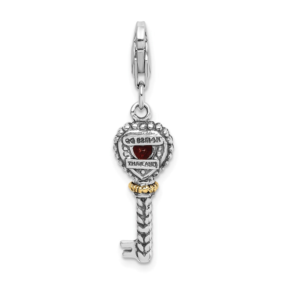 Sterling Silver w/14k Garnet Antiqued Key w/Lobster Clasp Charm (1.6 grams)