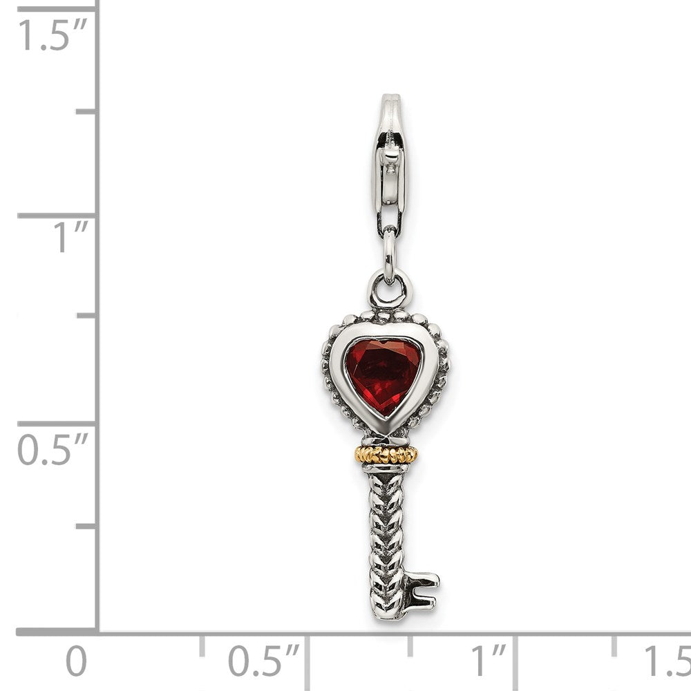 Sterling Silver w/14k Garnet Antiqued Key w/Lobster Clasp Charm (1.6 grams)