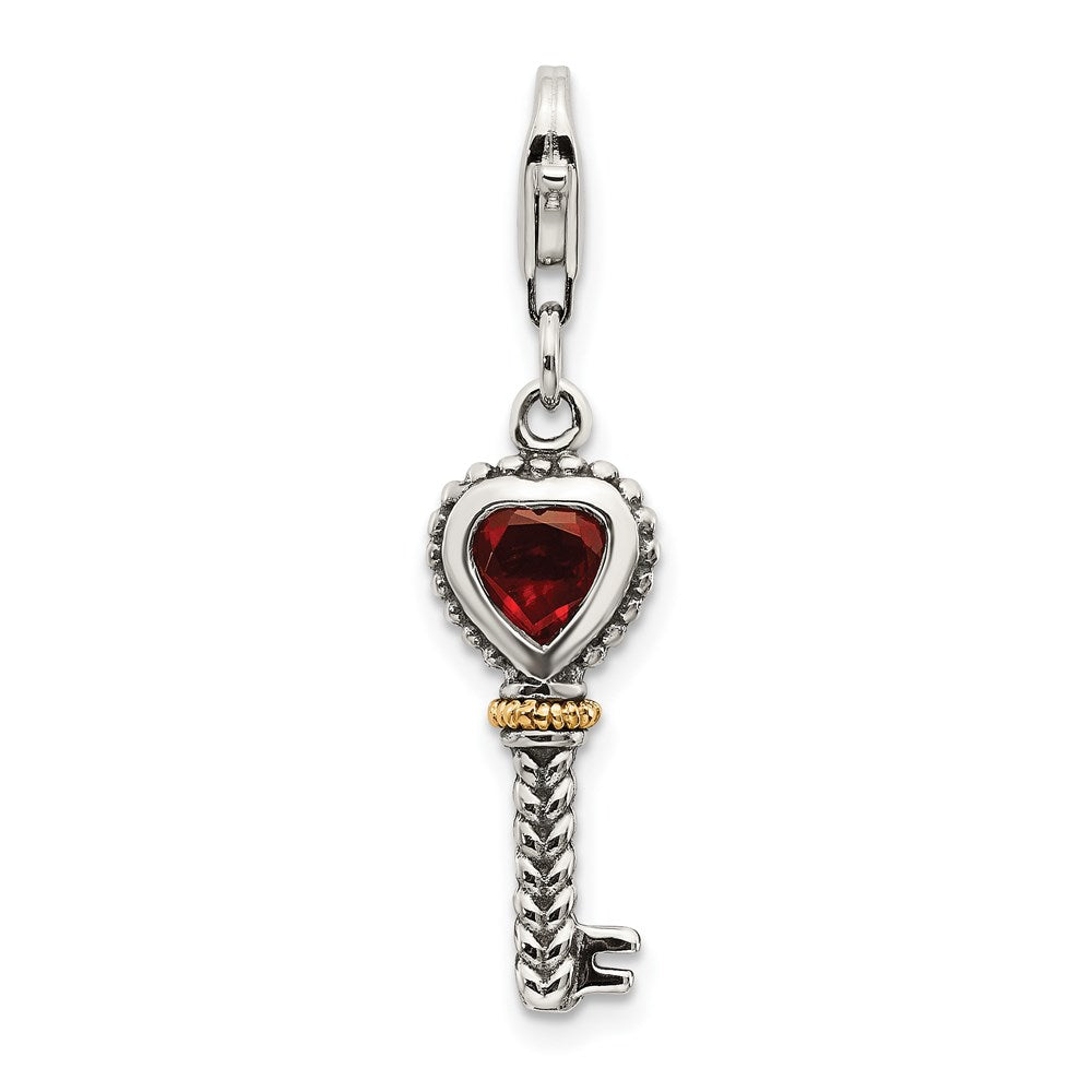 Sterling Silver w/14k Garnet Antiqued Key w/Lobster Clasp Charm (1.6 grams)