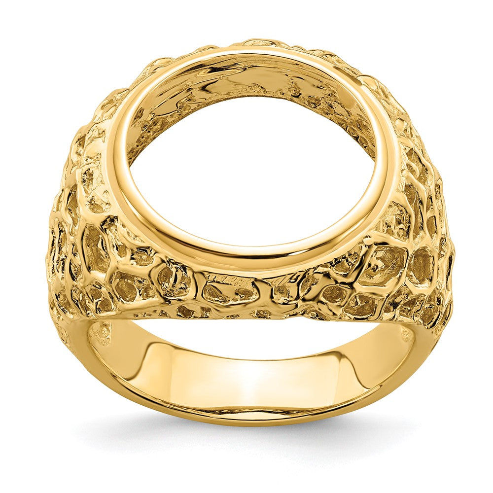 Wideband Distinguished Coin Jewelry 14k Men's Polished and Textured Carved Nugget 15.0mm Coin Bezel Ring (11.15 grams)