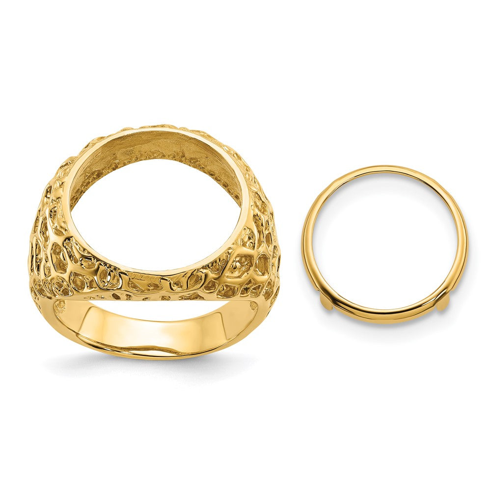 Wideband Distinguished Coin Jewelry 14k Men's Polished and Textured Carved Nugget 15.0mm Coin Bezel Ring (11.15 grams)